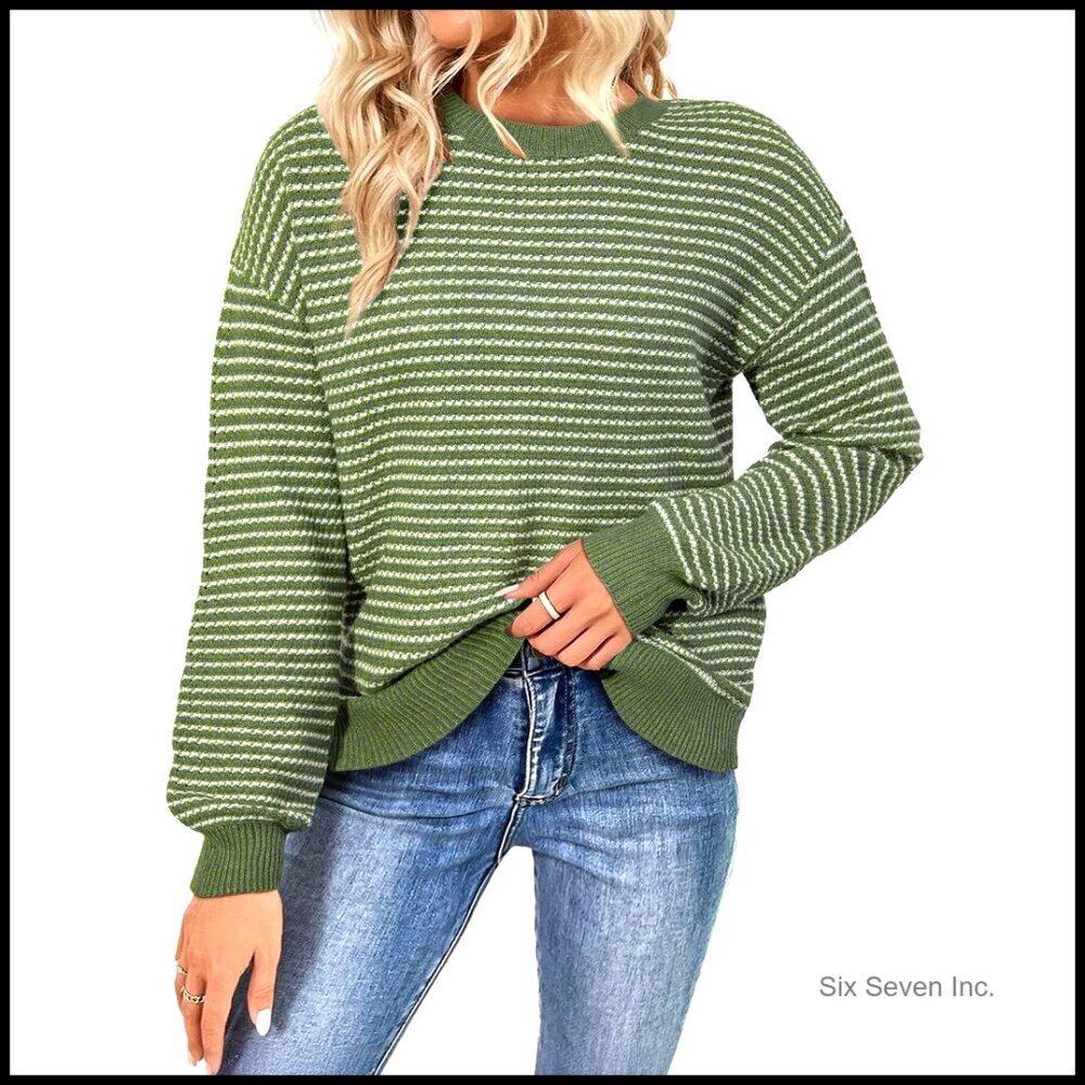 Long Sleeve Crewneck Striped Pullover Sweater Side Split Casual Chic